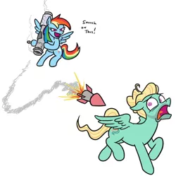 Size: 856x853 | Tagged: safe, artist:jargon scott, derpibooru import, rainbow dash, zephyr breeze, pegasus, pony, duo, female, image, male, mare, png, rocket, rocket launcher, running, simple background, stallion, this will end in explosions, white background