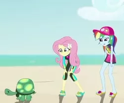 Size: 420x348 | Tagged: safe, derpibooru import, edit, edited screencap, screencap, fluttershy, rainbow dash, tank, tortoise, aww... baby turtles, equestria girls, equestria girls series, beach, clothes, cropped, image, png, sandals, swimsuit