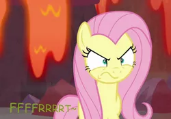 Size: 872x608 | Tagged: safe, artist:thedarkpony, derpibooru import, edit, edited screencap, screencap, fluttershy, pegasus, pony, sweet and smoky, angry, cropped, fart, fart edit, fart noise, female, image, lava, mare, onomatopoeia, png, sound effects