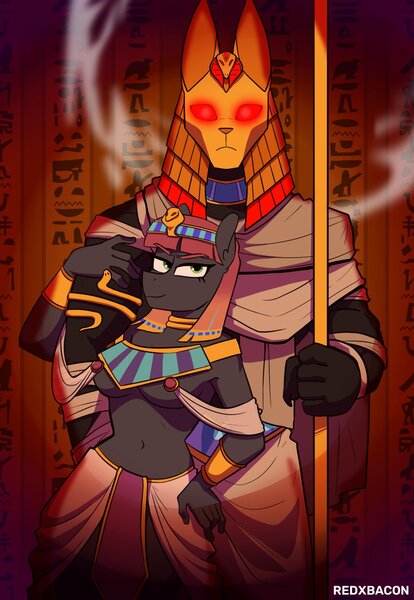 Size: 1073x1556 | Tagged: suggestive, artist:redxbacon, derpibooru import, anthro, belly button, breasts, egyptian, egyptian pony, image, jewelry, jpeg, looking at you, mask, midriff, red eyes, staff, underboob