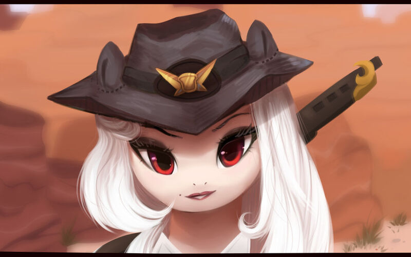 Size: 1024x641 | Tagged: safe, artist:nagathesiren, artist:pechastan, derpibooru import, ponified, pony, ashe (overwatch), cowboy hat, female, gun, hat, image, jpeg, looking at you, mare, overwatch, solo, weapon