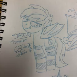 Size: 2048x2048 | Tagged: safe, artist:coaldustthestrange, derpibooru import, oc, oc:stardust, unofficial characters only, bat pony, pony, clothes, high res, image, jpeg, lidded eyes, male, sketch, smiling, socks, solo focus, stallion, striped socks, traditional art