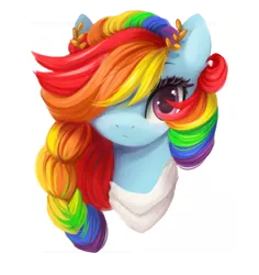 Size: 451x477 | Tagged: dead source, safe, artist:nagathesiren, artist:pechastan, derpibooru import, edit, rainbow dash, pony, alternate hairstyle, braid, bust, clothes, cropped, female, hair over one eye, image, laurel wreath, looking at you, mare, png, scarf, solo