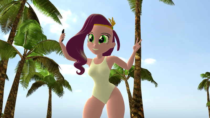 Size: 1920x1080 | Tagged: safe, artist:mr.uberrebu25, derpibooru import, pipp petals, equestria girls, 3d, beach, beach babe, breasts, busty pipp petals, clothes, equestria girls-ified, g5, g5 to equestria girls, image, one-piece swimsuit, palm tree, peace sign, phone, png, selfie, solo, swimsuit, tree, white swimsuit