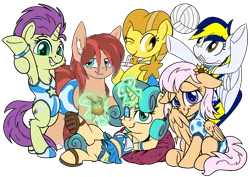 Size: 3273x2311 | Tagged: safe, artist:litrojia, artist:notadeliciouspotato, artist:pirill, derpibooru import, oc, oc:canned peaches, oc:cottonwood kindle, oc:fidget, oc:golden star, oc:huracata, oc:sky spark, unofficial characters only, earth pony, pegasus, pony, unicorn, derpibooru community collaboration, 2022 community collab, bendy straw, bipedal, cheek fluff, chest fluff, clothes, cup, derpibooru exclusive, drink, drinking, drinking straw, ear fluff, earth pony oc, eyepatch, female, flower, flower in hair, glass, horn, image, looking at you, lying down, magic, male, mare, on back, one eye closed, one-piece swimsuit, pegasus oc, png, sandals, simple background, sitting, skirt, smiling, smiling at you, sports, stallion, swimming trunks, swimsuit, telekinesis, tongue out, transparent background, unicorn oc, volleyball, wings, wink