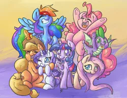 Size: 3300x2550 | Tagged: safe, artist:leadhooves, derpibooru import, applejack, fluttershy, pinkie pie, rainbow dash, rarity, spike, twilight sparkle, twilight sparkle (alicorn), alicorn, dragon, earth pony, pegasus, pony, unicorn, armpits, colored pupils, cute, end of ponies, eyes closed, female, high res, hug, image, jpeg, male, mane seven, mane six, mare, one eye closed, open mouth, smiling, winged spike, wings