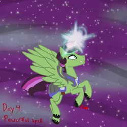 Size: 1000x1000 | Tagged: safe, artist:chelseawest, derpibooru import, oc, oc:emerald spark, alicorn, alicorn oc, armor, crying, horn, image, jpeg, magic, offspring, offspring's offspring, parent:oc:golden drops, parent:oc:starfire spark, parents:oc x oc, ponytober, wings