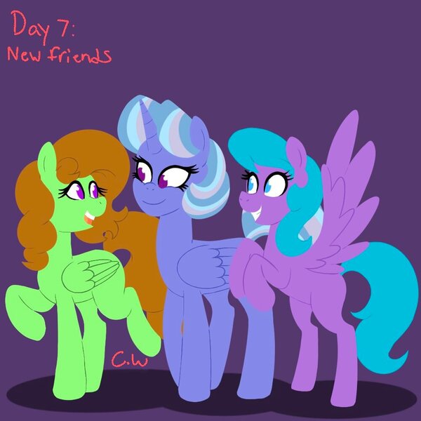 Size: 1000x1000 | Tagged: safe, artist:chelseawest, derpibooru import, oc, oc:azure star, oc:painted petal, oc:scribbles, alicorn, pegasus, alicorn oc, horn, image, jpeg, lineless, offspring, offspring's offspring, parent:oc:blue belle, parent:oc:emerald spark, parents:oc x oc, ponytober, trio, wings