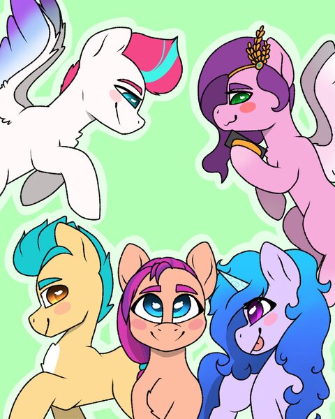 Size: 1638x2048 | Tagged: safe, artist:anxioussartist, derpibooru import, hitch trailblazer, izzy moonbow, pipp petals, sunny starscout, zipp storm, g5, image, jpeg, mane five (g5)