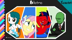 Size: 1202x677 | Tagged: safe, artist:tcgamebot, derpibooru import, edit, fluttershy, oc, oc:anon, oc:eclipse shine, oc:heart, earth pony, human, pegasus, pony, unicorn, chair, clothes, earmuffs, female, image, logo, looking at you, male, png, ponylatino, show accurate, sitting, smiling, underhoof