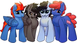 Size: 2880x1620 | Tagged: safe, artist:luther, derpibooru import, oc, oc:erasable, oc:gear crunch, oc:jjknott, oc:luther, unofficial characters only, earth pony, pegasus, derpibooru community collaboration, 2022 community collab, image, male, png, simple background, smiling, transparent background, wings