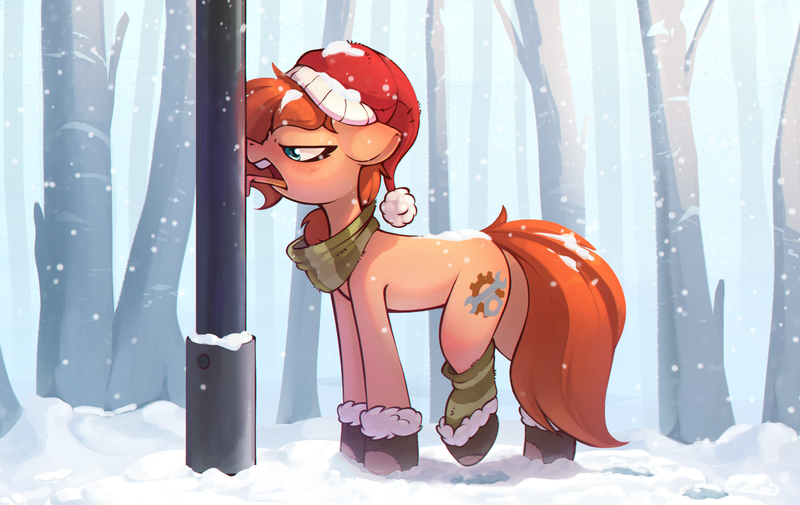 Size: 1852x1170 | Tagged: safe, artist:rexyseven, derpibooru import, oc, oc:rusty gears, unofficial characters only, earth pony, pony, a christmas story, christmas, clothes, hat, holiday, image, lamp post, png, santa hat, scarf, snow, snowfall, sock, socks, solo, striped socks, tongue out, tongue stuck to pole, tree, unamused, winter