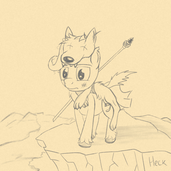 Size: 1000x1000 | Tagged: safe, artist:hotkinkajou, derpibooru import, mayor mare, earth pony, pony, wolf, cliff, digital art, fanfic art, female, image, jpeg, mare, monochrome, pelt