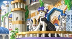 Size: 5376x2904 | Tagged: safe, artist:kaylerustone, derpibooru import, oc, unofficial characters only, pegasus, armor, balcony, blue sky, bridge, cape, clothes, cloud, crown, door, image, jewelry, jpeg, looking up, microsoft, palace, plant, regalia, royal guard, scenery, tree, windows