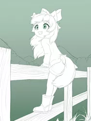 Size: 1800x2400 | Tagged: safe, artist:symbianl, derpibooru import, apple bloom, anthro, adorabloom, boots, clothes, cute, fence, gradient background, image, jpeg, monochrome, shoes, shorts, solo, tail