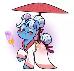 Size: 1117x1078 | Tagged: safe, artist:paperbagpony, derpibooru import, parasol, trixie, pony, unicorn, alternate hairstyle, blushing, clothes, food, image, kimono (clothing), lidded eyes, looking at you, magic, magic aura, mochi, one eye closed, png, solo, telekinesis, umbrella, wink