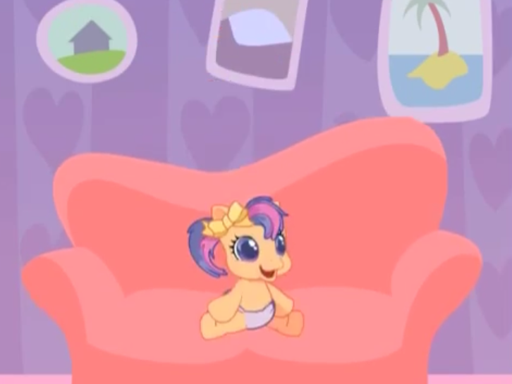 Size: 726x545 | Tagged: safe, derpibooru import, screencap, scootaloo, scootaloo (g3), pony, baby, baby pony, baby scootaloo, beach, bow, couch, cute, diaper, excited, female, filly, foal, g3 cutealoo, g3.5, hair bow, house, image, indoors, jumping, mountain, newborn, newborn baby, newborn cuties, newborn filly, once upon a my little pony time, open mouth, open smile, palm tree, picture, picture frame, png, smiling, so many different ways to play, tree, younger