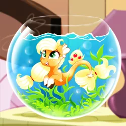 Size: 2500x2500 | Tagged: safe, artist:rurihal, derpibooru import, applejack, seapony (g4), ear fluff, fish bowl, image, open mouth, png, seaponified, seapony applejack, smiling, solo, species swap, water