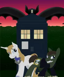 Size: 3000x3600 | Tagged: safe, artist:sixes&sevens, derpibooru import, doctor whooves, prince blueblood, time turner, earth pony, gargoyle, unicorn, fanfic, bowtie, doctor who, fanfic art, fanfic cover, hedge, image, ninth doctor, png, sonic screwdriver, spread wings, tardis, wings