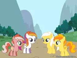 Size: 1024x768 | Tagged: safe, artist:andromendaskies, derpibooru import, peachy pie, peachy pie (g3), sunny daze, sunny daze (g3), earth pony, pony, adorablepie, cute, dazeabetes, female, filly, foal, g3, g3 adorablepie, g3 dazeabetes, g3 to g4, g4, generation leap, generational ponidox, generations, group, image, outdoors, png, smiling