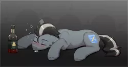 Size: 3150x1650 | Tagged: safe, artist:avroras_world, derpibooru import, oc, oc:sheggy, unofficial characters only, earth pony, pony, alcohol, blushing, drunk, earth pony oc, eyes closed, high res, image, liquor, male, png, simple background, sleeping, solo, solo male, stallion