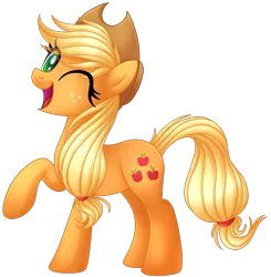 Size: 837x853 | Tagged: safe, artist:kimmyartmlp, derpibooru import, applejack, earth pony, pony, cute, female, image, jackabetes, one eye closed, png, raised hoof, simple background, solo, transparent background, wink