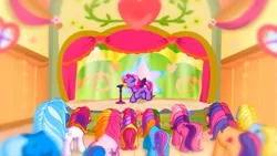 Size: 751x423 | Tagged: safe, derpibooru import, screencap, apple spice, cheerilee (g3), moondancer (g3), rainbow dash (g3), scootaloo (g3), starbeam, starsong, sunny daze (g3), toola roola, earth pony, pegasus, pony, meet the ponies, cute, female, g3, g3 adorabeam, g3 cheeribetes, g3 cutealoo, g3 dancerbetes, g3 dashabetes, g3 dazeabetes, image, indoors, karaoke, make a new friend every day, mare, microphone, microphone stand, png, purple wings, raised hoof, raised leg, roolabetes, singing, song, spiceabetes, stage, starsawwwng, starsong's dance & sing party, starsong's sing & dance party, that pony sure does love to sing, wings