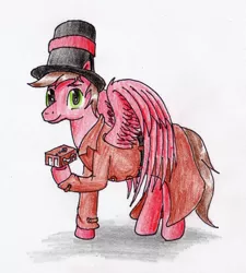 Size: 2467x2737 | Tagged: safe, artist:40kponyguy, derpibooru import, oc, oc:professor venturer, pegasus, pony, derpibooru community collaboration, 2022 community collab, clothes, hat, hoof hold, image, jpeg, looking at you, male, puzzle box, simple background, solo, spread wings, stallion, top hat, traditional art, trenchcoat, wings