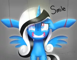 Size: 3312x2565 | Tagged: semi-grimdark, artist:kimmyartmlp, derpibooru import, oc, oc:miss smile, unofficial characters only, alicorn, pony, alicorn oc, blood, crying, female, forced smile, hook, horn, image, png, sad, smiling, solo, wings