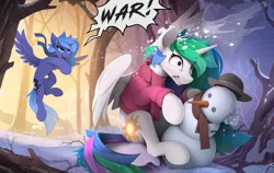 Size: 2430x1540 | Tagged: safe, artist:yakovlev-vad, derpibooru import, princess celestia, princess luna, alicorn, pony, clothes, dialogue, duo, duo female, female, forest, gritted teeth, image, mare, png, revenge, s1 luna, scarf, snow, snowball, snowball fight, snowman, spread wings, surprised, sweater, this will end in a trip to the moon, this will end in daybreaker, this will not end well, tree, wide eyes, wings