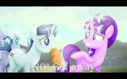 Size: 4357x2704 | Tagged: safe, artist:kimmyartmlp, derpibooru import, dusk drift, party favor, starlight glimmer, pony, unicorn, the cutie map, caption, female, image, male, png, scene interpretation, text