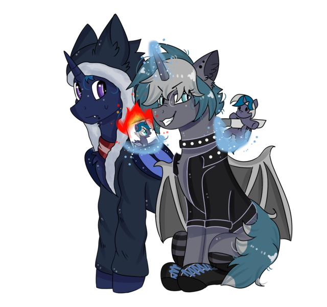Size: 1280x1200 | Tagged: safe, artist:valkiria, derpibooru import, oc, oc:elizabat stormfeather, oc:elizabrat meanfeather, oc:icey wicey, unofficial characters only, alicorn, bat pony, bat pony alicorn, pony, derpibooru community collaboration, 2022 community collab, alicorn oc, bat pony oc, bat wings, boots, burning, choker, clone, clothes, concern, duo, ear piercing, earring, evil grin, female, fire, glasses, grin, hoodie, horn, image, jacket, jewelry, knife, leather jacket, levitation, lip piercing, magic, male, mare, piercing, plushie, png, ponysona, scared, scarf, shoes, simple background, sitting, smiling, socks, spiked choker, stabbing, stallion, striped socks, sweat, sweatdrop, telekinesis, transparent background, wings