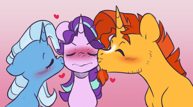 Size: 3948x2187 | Tagged: safe, artist:chub-wub, derpibooru import, starlight glimmer, sunburst, trixie, pony, unicorn, beard, bisexual, blushing, cute, eyes closed, facial hair, female, goatee, heart, image, jpeg, kiss on the cheek, kiss sandwich, kissing, lesbian, male, mare, polyamory, shipping, stallion, starburst, startrix, startrixburst, straight, throuple, trio