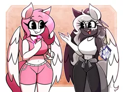 Size: 1732x1303 | Tagged: safe, artist:nelljoestar, derpibooru import, oc, oc:bethany goldfeathers, oc:sugar morning, unofficial characters only, anthro, pegasus, clothes, commission, image, jpeg, midriff, mobile phone, pants, phone, shorts, smiling, spread wings, tanktop, wings