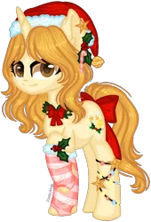 Size: 714x1048 | Tagged: safe, artist:fantarianna, derpibooru import, oc, unofficial characters only, pony, unicorn, bow, christmas, clothes, eyelashes, female, hat, holiday, holly, horn, image, png, santa hat, simple background, socks, striped socks, tail, tail bow, transparent background, unicorn oc
