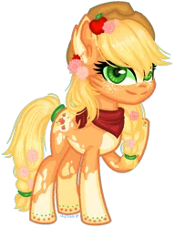 Size: 652x854 | Tagged: safe, artist:fantarianna, derpibooru import, applejack, earth pony, pony, ear fluff, eyelashes, female, flower, flower in hair, hat, image, png, raised hoof, simple background, smiling, transparent background