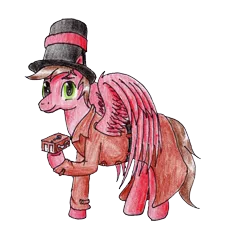 Size: 2467x2737 | Tagged: safe, artist:40kponyguy, derpibooru import, editor:ciaran, oc, oc:professor venturer, pegasus, pony, derpibooru community collaboration, 2022 community collab, clothes, hat, hoof hold, image, looking at you, male, png, puzzle box, simple background, solo, spread wings, stallion, top hat, traditional art, transparent background, trenchcoat, wings