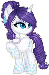 Size: 552x844 | Tagged: safe, artist:fantarianna, derpibooru import, rarity, pony, unicorn, alternate hairstyle, ear piercing, eyelashes, female, image, jewelry, makeup, mare, necklace, pearl necklace, piercing, png, raised hoof, simple background, smiling, transparent background