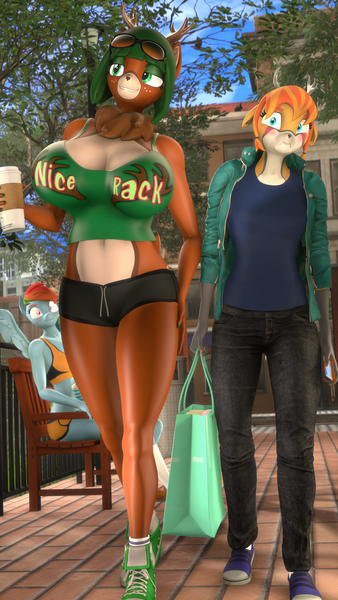 Size: 2160x3840 | Tagged: safe, artist:dongly12, derpibooru import, rainbow dash, oc, oc:fireberry, oc:tea tree, anthro, deer, plantigrade anthro, 3d, anthro oc, antlers, big breasts, blushing, breasts, clothes, coffee cup, cup, deer oc, embarrassed, eyeshadow, female, floppy ears, fluffy, high res, image, makeup, mother and child, mother and daughter, park, png, revamped anthros, source filmmaker, spread wings, wingboner, wings