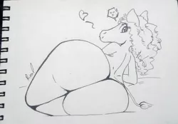 Size: 1280x891 | Tagged: suggestive, artist:fizzyrox, derpibooru import, oc, earth pony, butt, earth pony oc, female, heart, image, jpeg, lineart, looking back, pictogram, signature, smiling, solo, traditional art