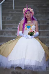 Size: 3162x4743 | Tagged: safe, artist:unkcos19, derpibooru import, princess cadance, human, anime expo, anime expo 2012, clothes, cosplay, costume, dress, flower, gloves, image, irl, irl human, jpeg, long gloves, photo, sitting, stairs, wedding dress