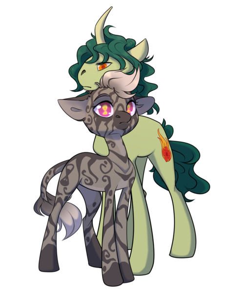 Size: 1100x1400 | Tagged: safe, artist:yarugreat, derpibooru import, oc, oc:pythia, oc:pythia majere, oc:terryred, unofficial characters only, pony, unicorn, zebra, derpibooru community collaboration, 2022 community collab, curved horn, duo, horn, image, png, shipping, simple background, transparent background, unicorn oc, zebra oc
