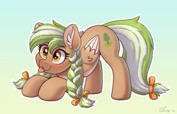 Size: 3859x2480 | Tagged: safe, artist:dandy, derpibooru import, oc, oc:sylvia evergreen, unofficial characters only, pegasus, pony, :3, ;p, braided pigtails, commission, cute, ear fluff, female, freckles, gradient background, hair tie, high res, image, mare, one eye closed, png, solo, tongue out, wings, ych example, your character here