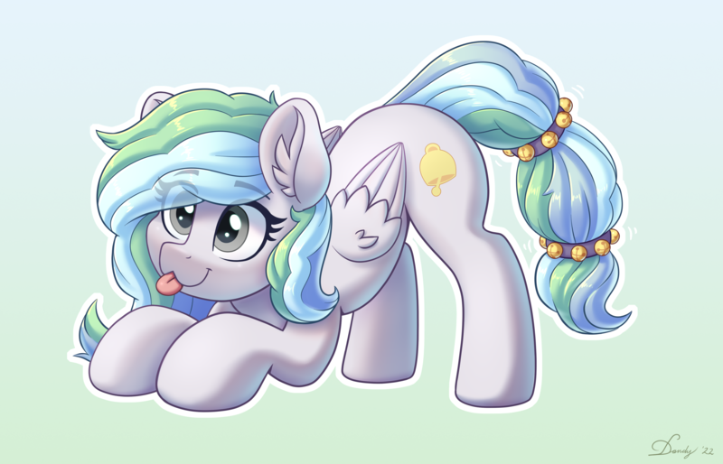 Size: 3859x2480 | Tagged: safe, alternate version, artist:dandy, derpibooru import, oc, oc:river chime, unofficial characters only, pegasus, pony, :3, ;p, alternate character, bells, commission, cute, ear fluff, eye clipping through hair, female, gradient background, high res, image, one eye closed, png, solo, tongue out, wings, ych result