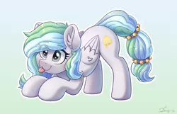 Size: 3859x2480 | Tagged: safe, alternate version, artist:dandy, derpibooru import, oc, oc:river chime, unofficial characters only, pegasus, pony, :3, ;p, alternate character, bells, commission, cute, ear fluff, eye clipping through hair, female, gradient background, high res, image, one eye closed, png, solo, tongue out, wings, ych result