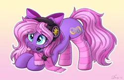 Size: 3859x2480 | Tagged: safe, alternate version, artist:dandy, derpibooru import, oc, oc:lillybit, unofficial characters only, earth pony, pony, :3, ;p, alternate character, bow, clothes, commission, cute, ear fluff, eye clipping through hair, female, gradient background, headset, high res, image, one eye closed, png, scarf, socks, solo, striped socks, tongue out, ych result