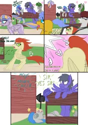 Size: 2508x3553 | Tagged: safe, artist:justapone, derpibooru import, oc, oc:chili pepper, oc:creamy top, oc:duty full, oc:gloomy flow, oc:grey cloud, oc:muscle head, oc:smug free, unofficial characters only, pegasus, pony, unicorn, absurd resolution, cheek fluff, chin fluff, colored sketch, comic, dialogue, female, helmet, horn, image, in love, knocked out, male, mare, out of frame, pegasus oc, png, running, shrunken pupils, spread wings, stallion, sweat, tail, tail wrap, unicorn oc, vulgar, wingboner, wings