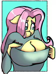 Size: 546x720 | Tagged: suggestive, alternate version, artist:fizzyrox, derpibooru import, fluttershy, anthro, breasts, bust, cleavage, clothes, female, image, png, solo, solo female, wingless, wingless anthro