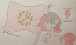 Size: 3538x2124 | Tagged: safe, artist:dimdariusz, derpibooru import, oc, oc:technowrench, unofficial characters only, pony, unicorn, communism, cute, cyrillic, element of loyalty, female, flag, flag pole, flag waving, horn, image, jpeg, mare, pencil drawing, photo, revolution, russian, signature, simple background, smiling, solo, solo female, traditional art, unicorn oc