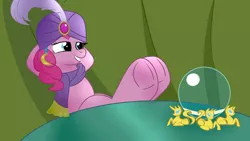 Size: 1280x720 | Tagged: safe, artist:thebrony700, derpibooru import, pinkie pie, commission, crystal ball, fetish, hoof fetish, hooves, hooves on the table, image, madame pinkie, png, smiling, table, underhoof